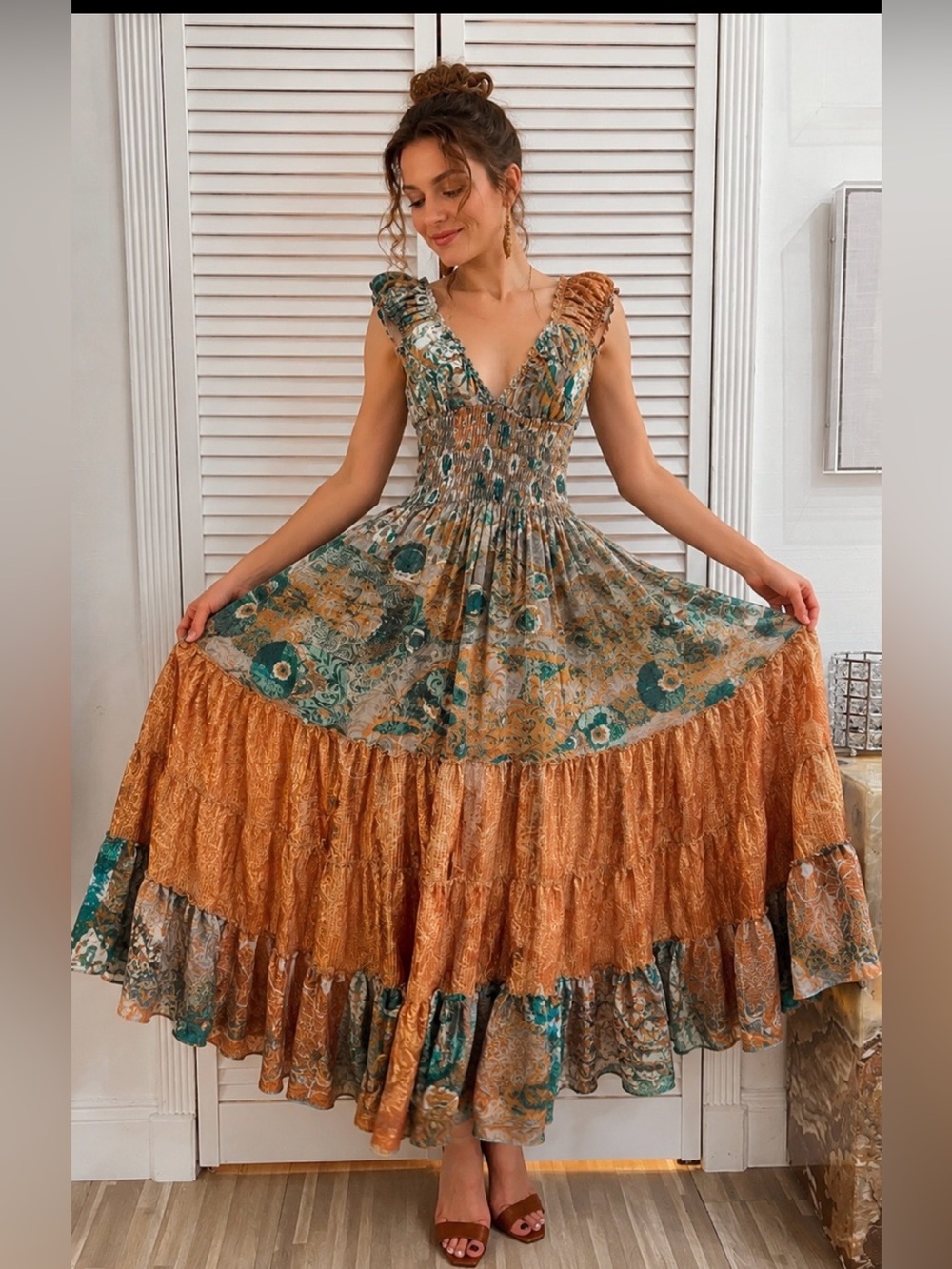 Anthropologie Paisley V-Neck Maxi Dress in Rust and Teal, S